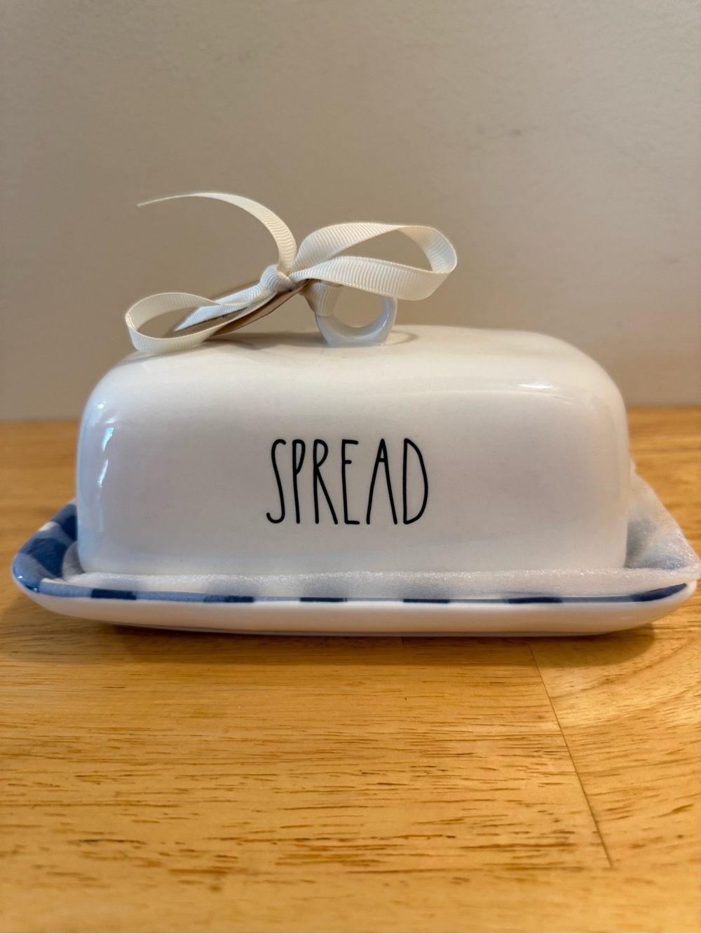 Rae Dunn White Butter Dish with Blue Gingham Print- SPREAD